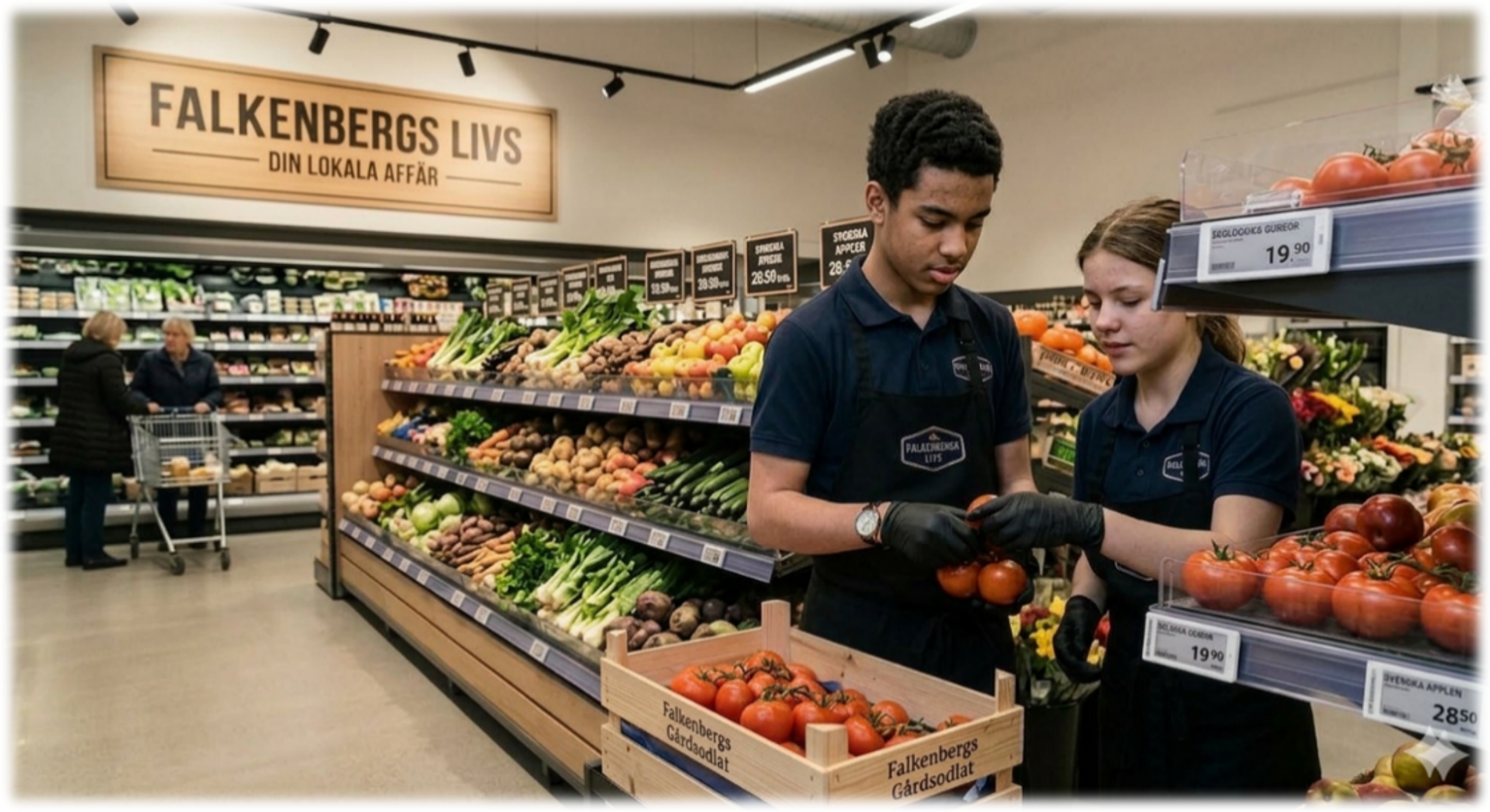 Två elever plockar upp frukt i en matvarubutik. De befinner sig på fruktavdelningen. I bakgrunden syns två personer med en kundvagn som står och pratar.