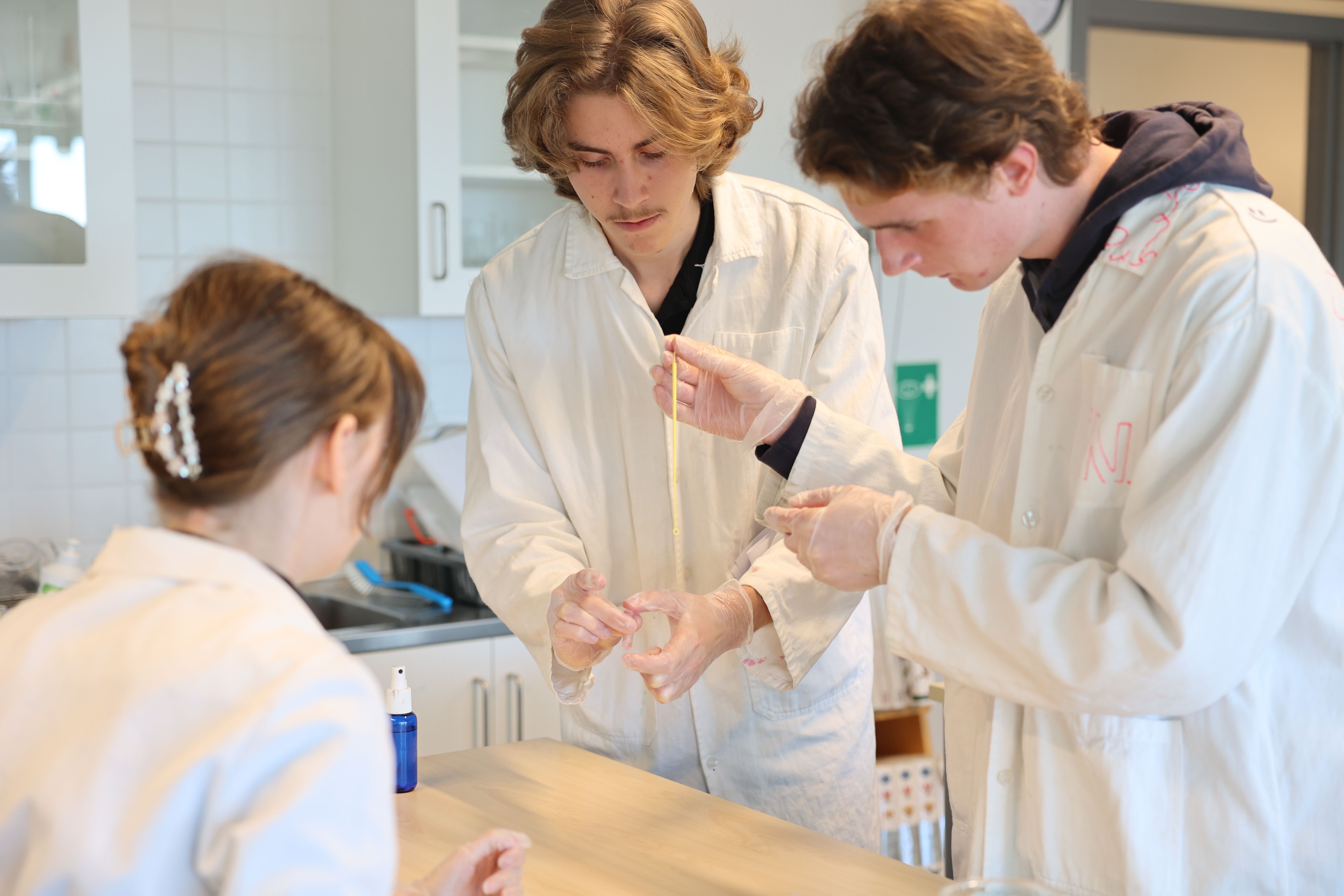 Tre elever i vita rockar arbetar med ett labbexperiment. Två killar står upp och tjejen sitter med ryggen mot kameran